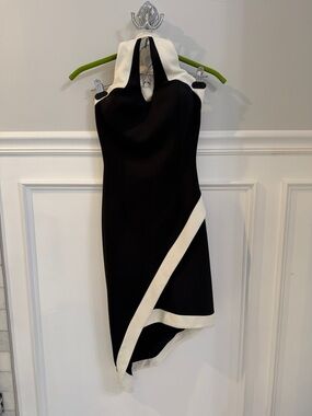 Elegant Black and White Asymmetric Halter Dress